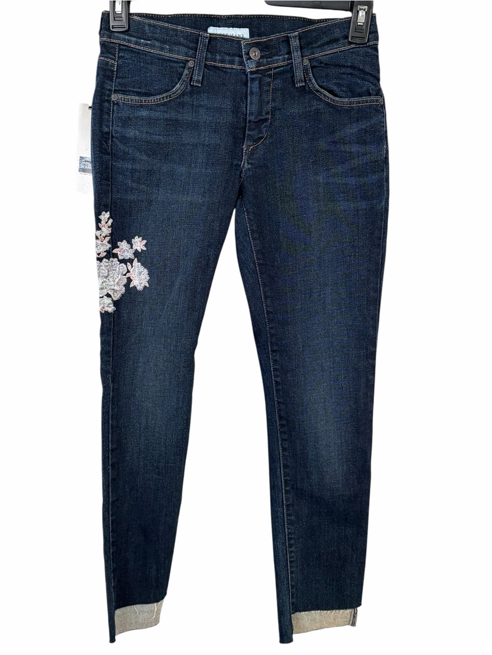 James Jeans Dark Indigo Skinny Jeans with Pink Floral Embroidery